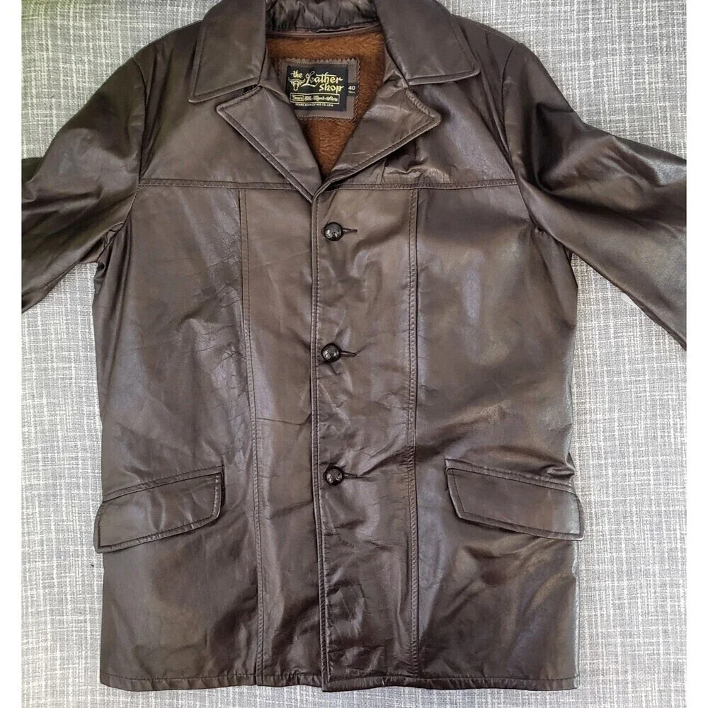 VTG Sears Leather Shop Car Coat Removable Faux Fur Lining Brown Men's 40 Tall